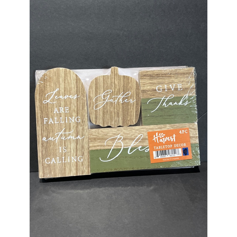 Harvest 4 Piece Tabletop Decor Set Wood Block Autumn Leaves Gather Give Thanks